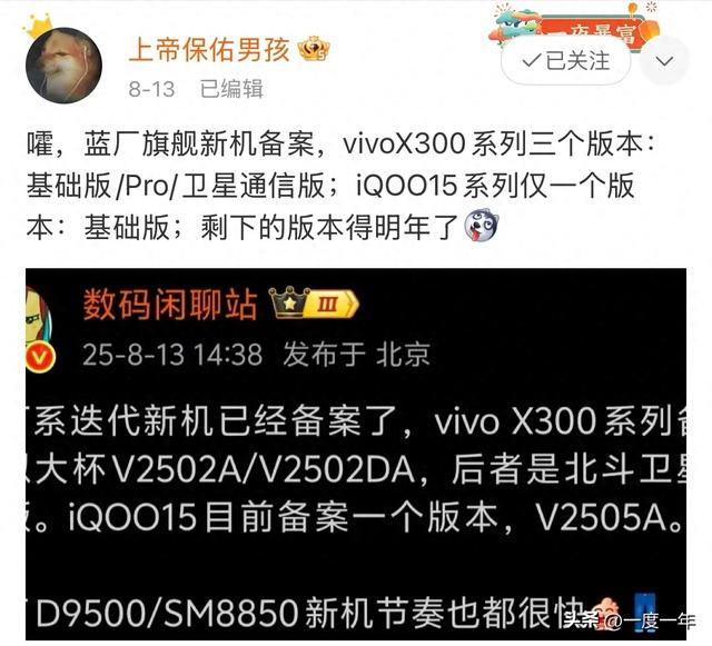 vivo X300系列三版本备案，卫星通信版首发天玑9500