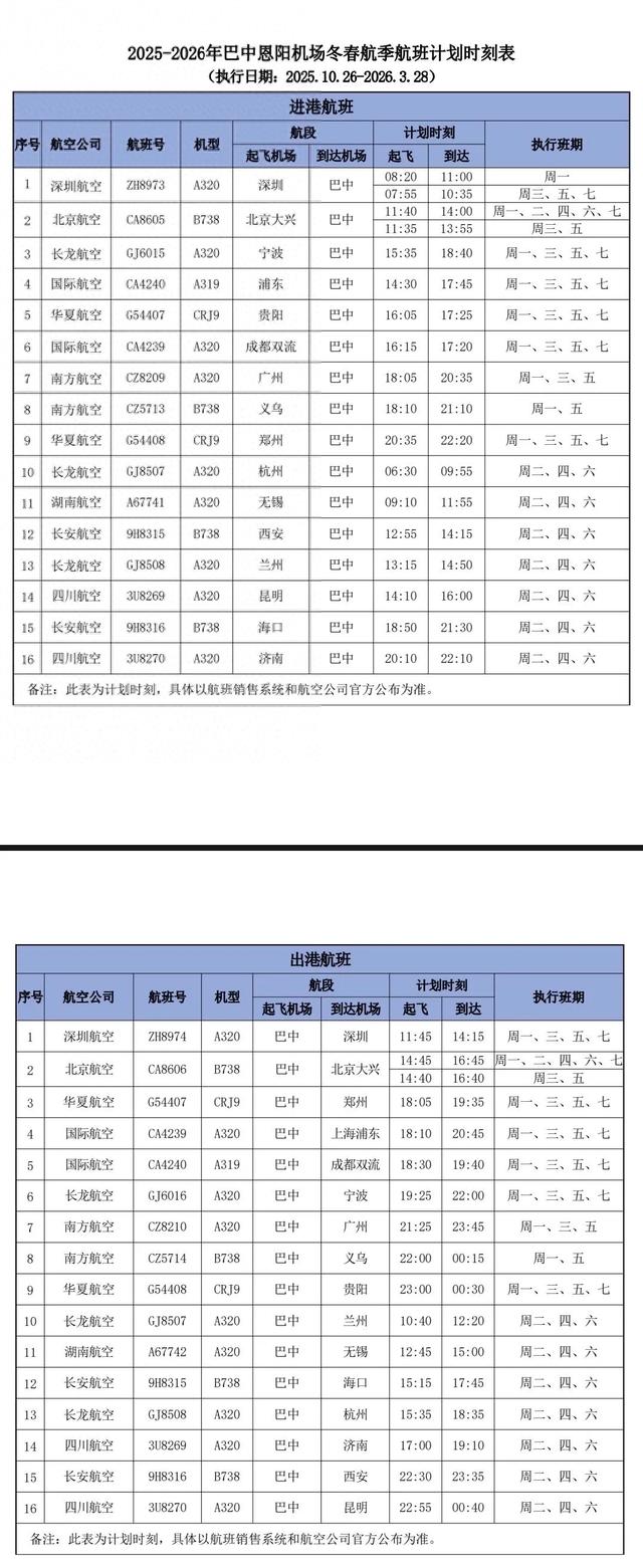 16个航点城市！巴中恩阳机场最新航班计划~