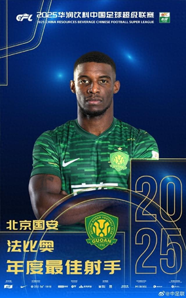 30场28球，国安外援法比奥获得2025赛季中超金靴