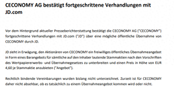 德国电子产品零售商Ceconomy证实京东潜在收购兴趣，正深入洽谈