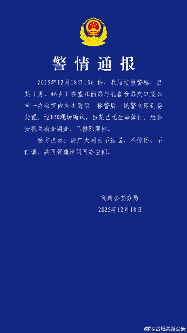 合肥警方通报：吕某（男	，46岁）在办公室内身亡
