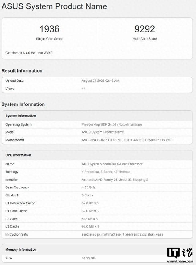 AMD R5 5500X3D首个Geekbench跑分：单核与5500相似、多核提升13%