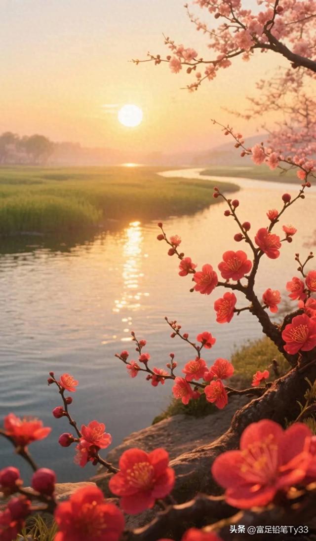 夕阳西下，粉嫩樱花与余晖相映，静谧湖面金光闪烁，美如梦幻之境