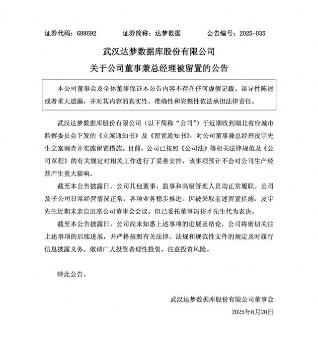 突发！达梦「总经理、皮宇」被立案调查、留置