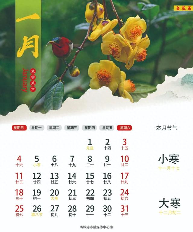 叮！送你一套防城港专属2026年月历壁纸