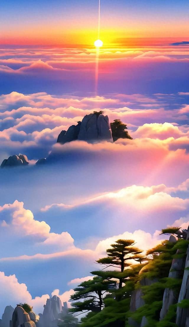 天空，云海，山峦都染成一偏绚烂