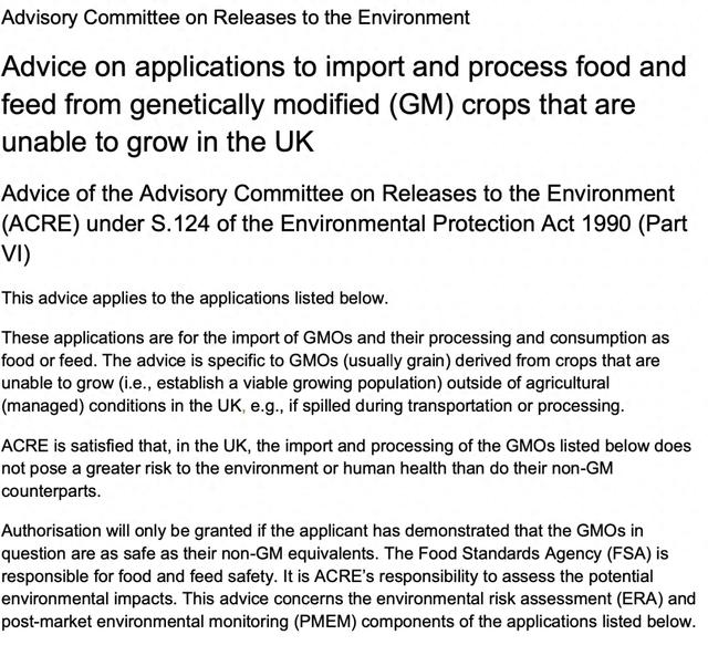 英国环境释放咨询委员会发布关于食用和饲用转基因生物进口和加工申请的监管意见