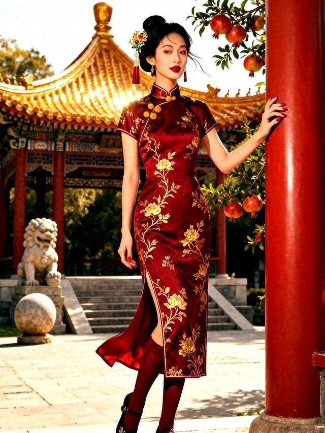 酒红旗袍邂逅金瓦古建，古韵与锋芒共织绮梦