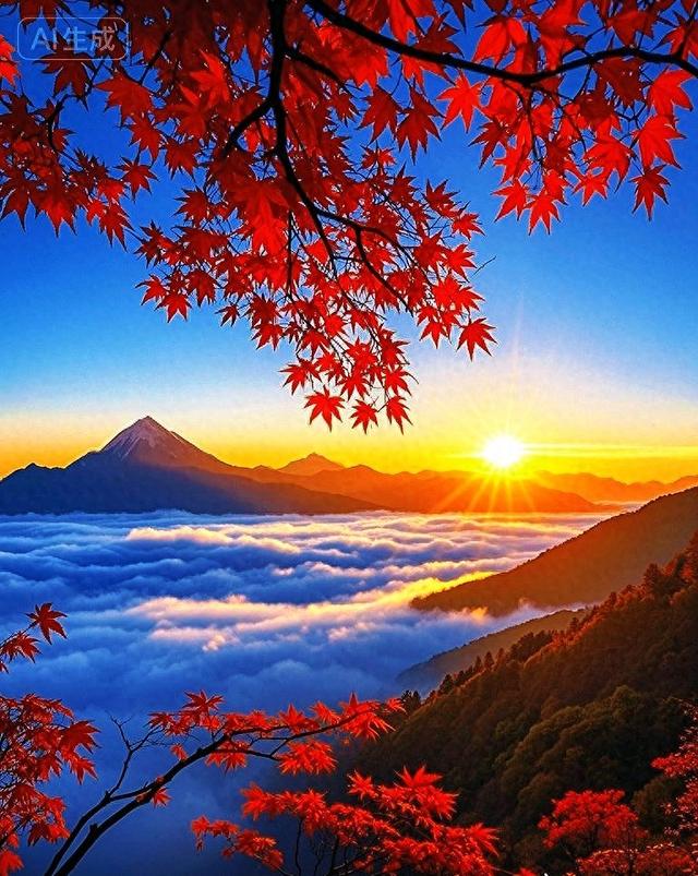 看秋天的第一场日出：红枫云海共舞，金阳初升美如画