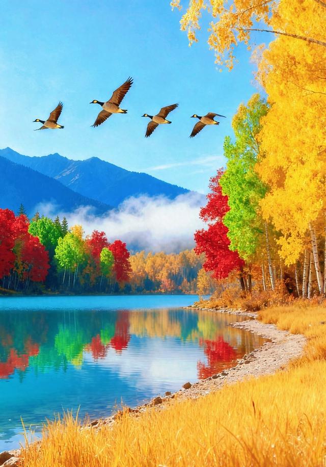 秋日湖泊彩林
