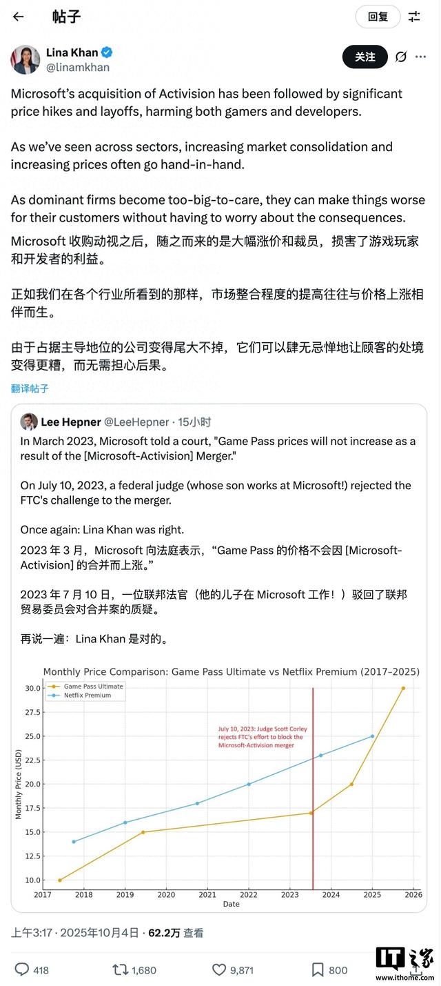 前美国联邦贸易委员会主席怒批微软XGP涨价：恐让顾客处境更糟