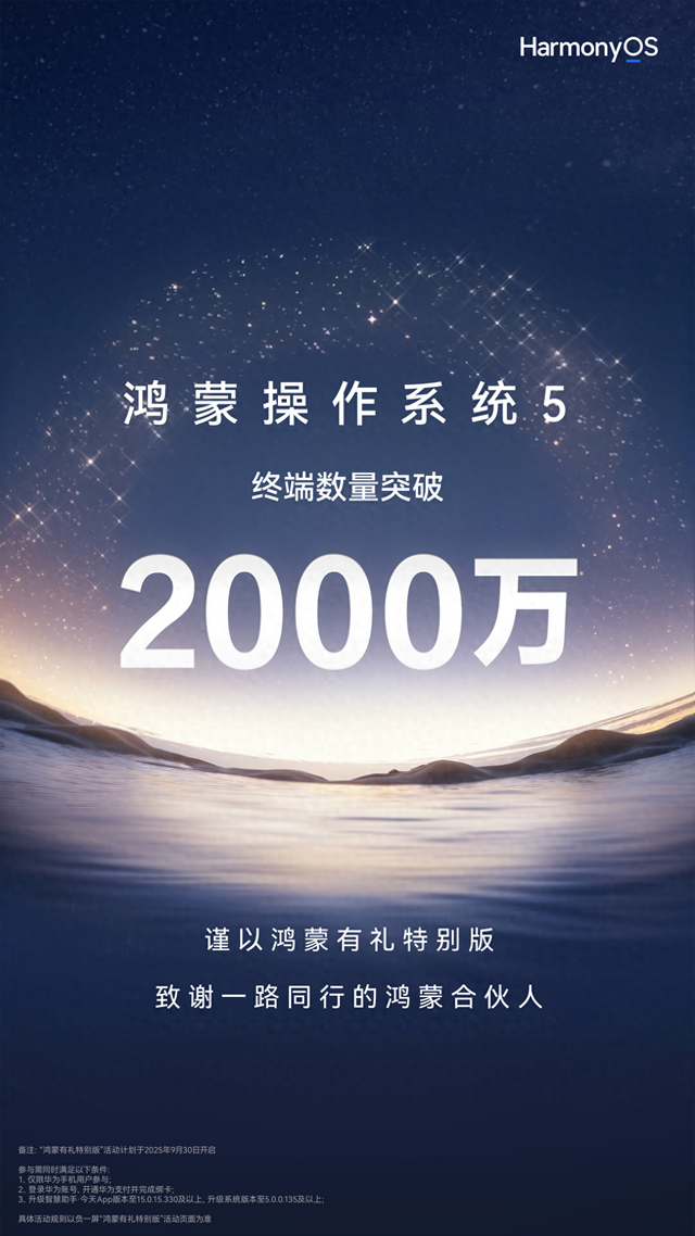 鸿蒙5终端数量破2000万，华为推鸿蒙有礼特别版，回馈千万同行者