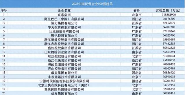 京东四连冠！2025民营企业500强揭晓，唯一万亿营收民企诞生