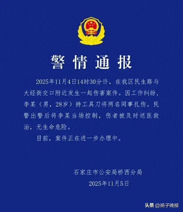 石家庄警方通报“李某(男，28岁)因工作纠纷持工具刀将2名同事扎伤”：被当场控制，案件办理中