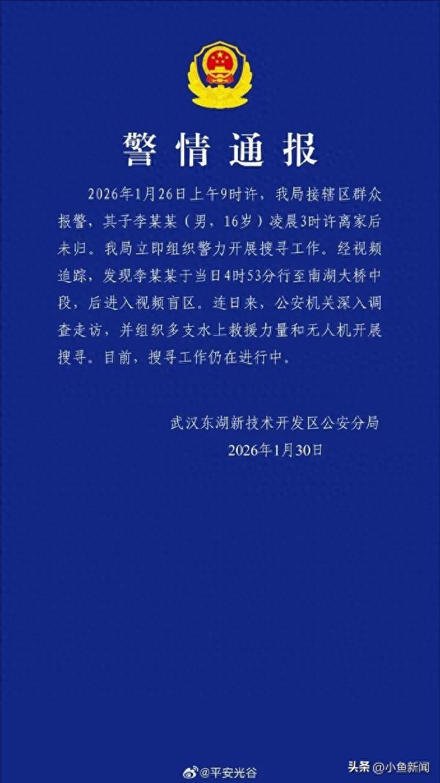 武汉16岁男生失联多日，警方通报：李某某于当日4时53分行至南湖大桥中段	，后进入视频盲区，搜寻仍在进行中