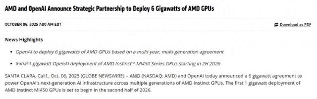 AMD与OpenAI结盟，6吉瓦算力订单落地