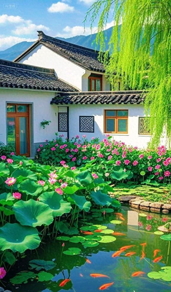 一池荷塘锦鲤游，半院白墙黛瓦幽