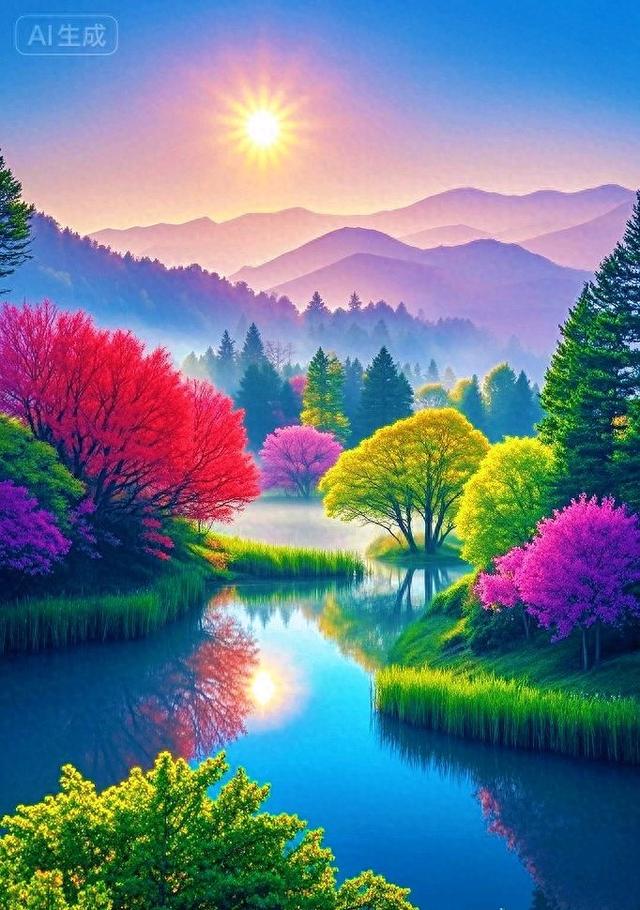 树染湖光，这湖景是把所有色彩都铺成了画