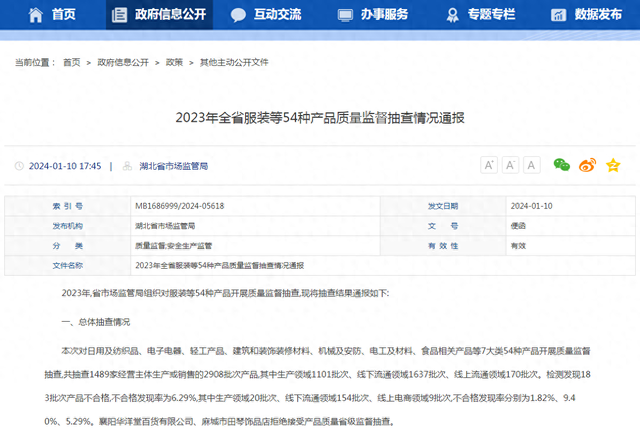 ky2041app版本（湖北省市场监管局通报2023年服装等54种产品质量监督抽查情况）