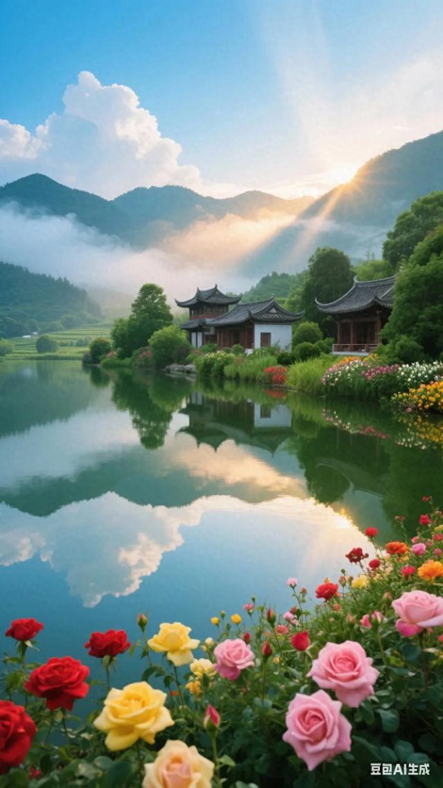 梦幻般的世外桃源，静谧的湖面倒映着古色古香的建筑，宛如仙境！