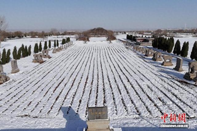 河南巩义宋陵冬景上新 小麦、初雪、石像生同框