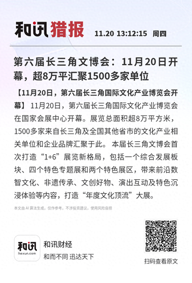 第六届长三角文博会：11月20日开幕，超8万平汇聚1500多家单位