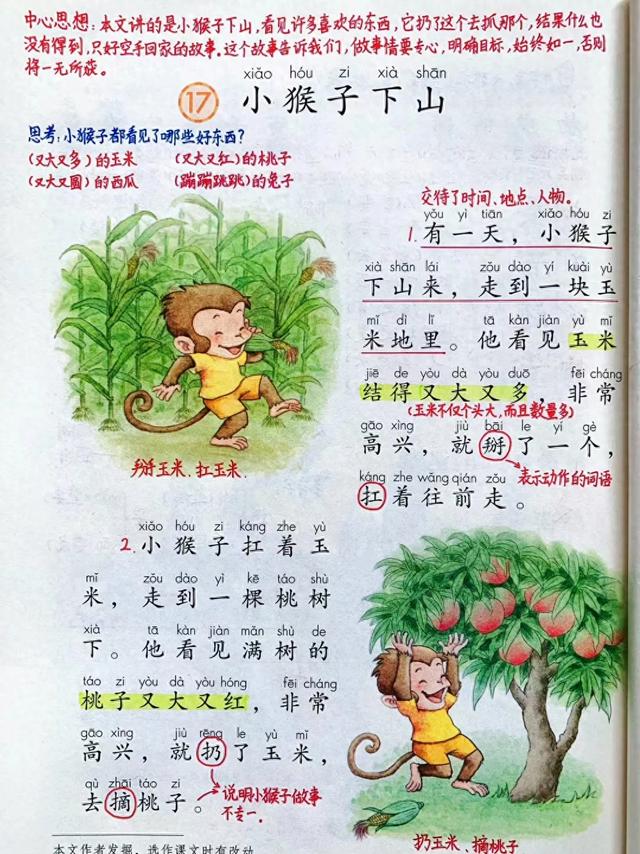 一年级下册语文,第七单元课文17《猴子下山》课堂笔记+课堂解析