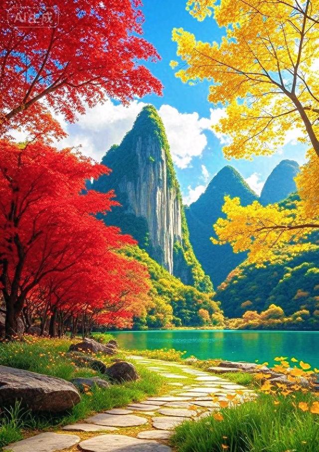 红枫金树绕碧湖