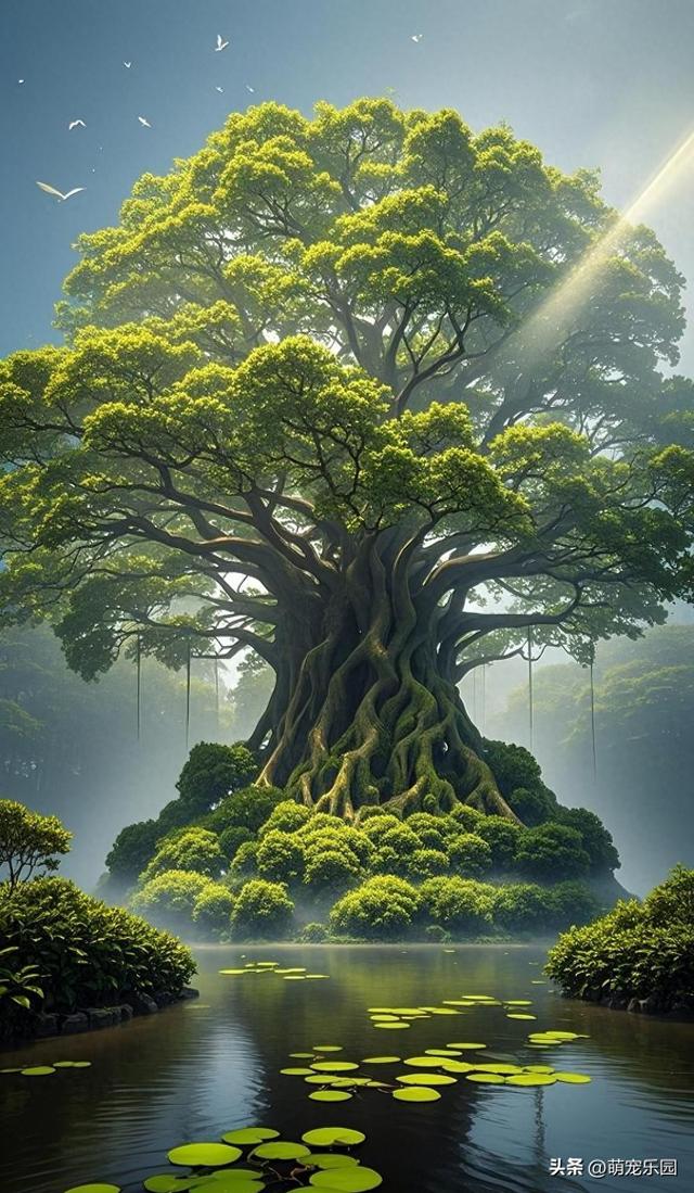 仰望天空巨树如华盖，微风诉说岁月故事，我沉醉绿意天地间