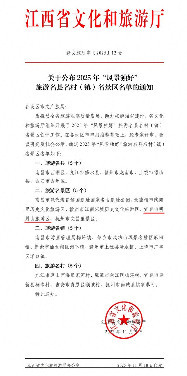 喜讯!明月山旅游区荣获2025年“风景独好”旅游名景区!