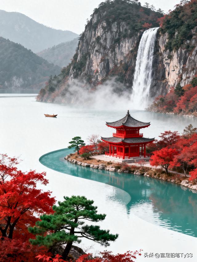 秋日仙境，红叶映碧水，古塔倚瀑布，静谧如画！