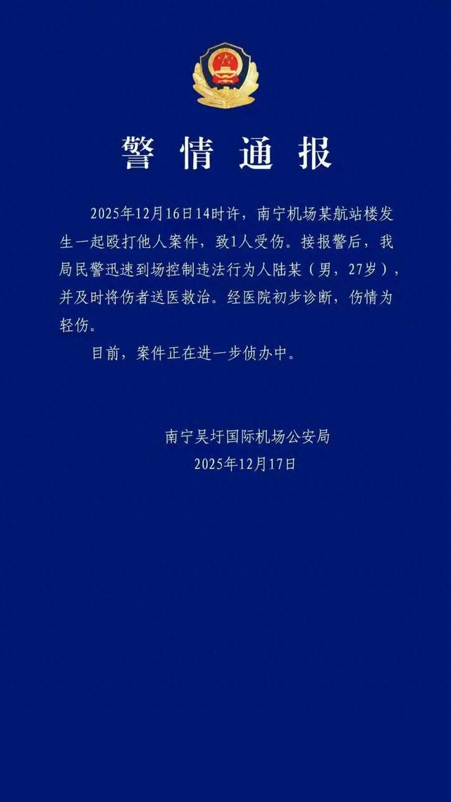 警方通报南宁机场打人事件：陆某（男，27岁）殴打他人已被控制，1人受伤送医救治