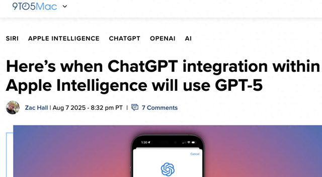 外媒：苹果宣布Apple Intelligence下月将升级至 GPT-5