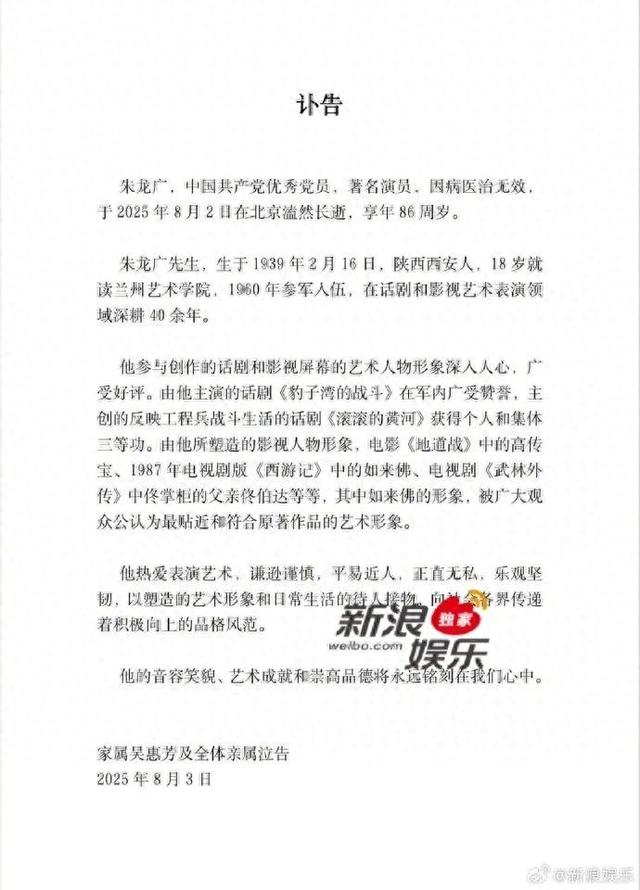 演员朱龙广去世，曾出演87版《西游记》中的如来佛，六小龄童发文哀悼