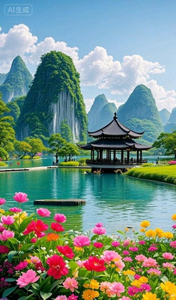 峰翠湖明亭立，花裹晴光，这景美透了