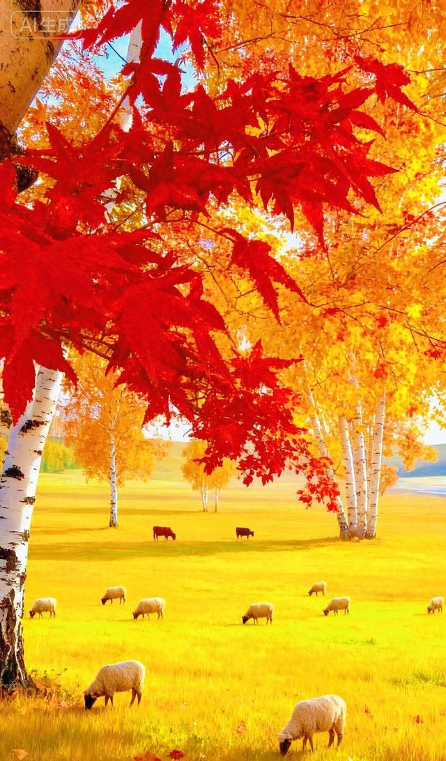 红枫垂帘，牧群踱过金绿原野