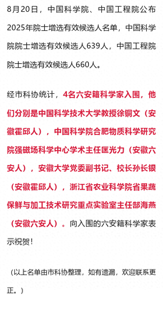 名单发布！4位六安籍科学家入围！