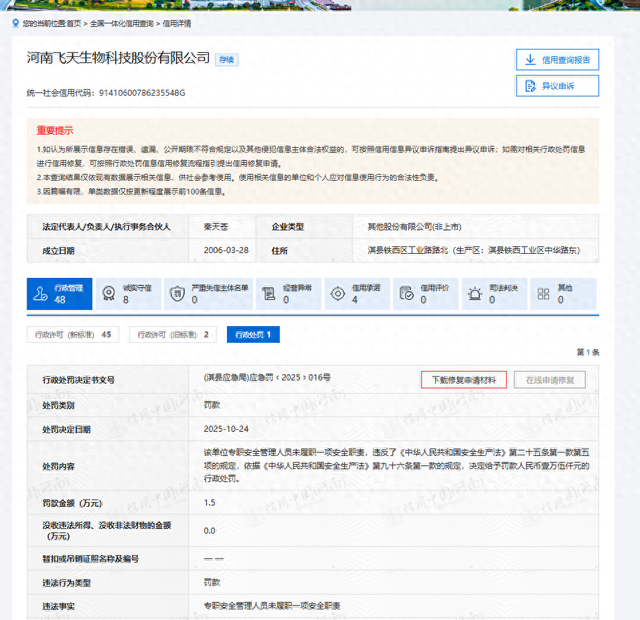河南飞天生物科技股份有限公司被行政处罚