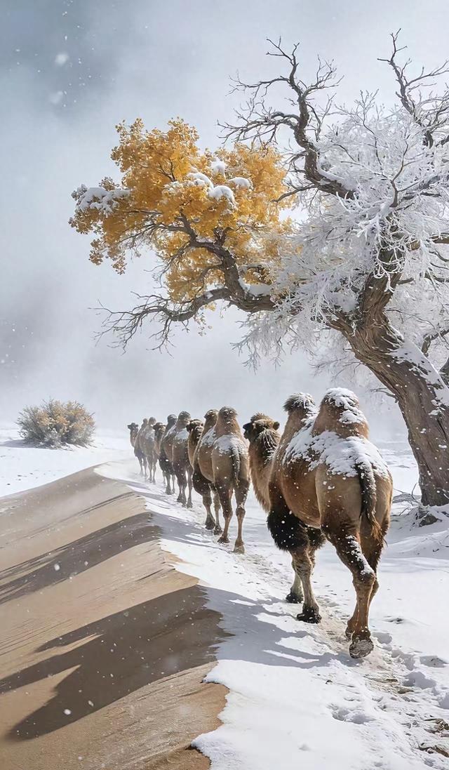 雪落湖杨，驼行沙海