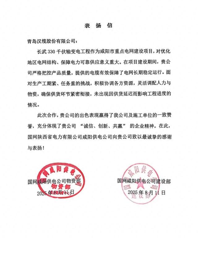 品质卓越 服务至上丨汉缆股份获国网咸阳供电公司表扬信