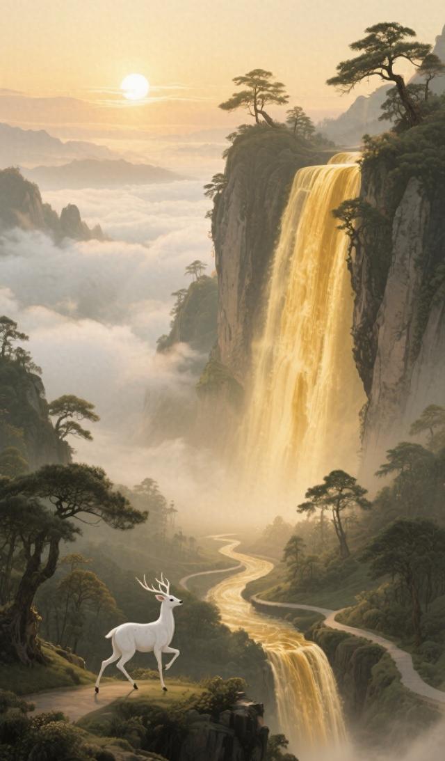 仙境瀑布，白鹿飞奔，梦幻山水，如梦如幻！