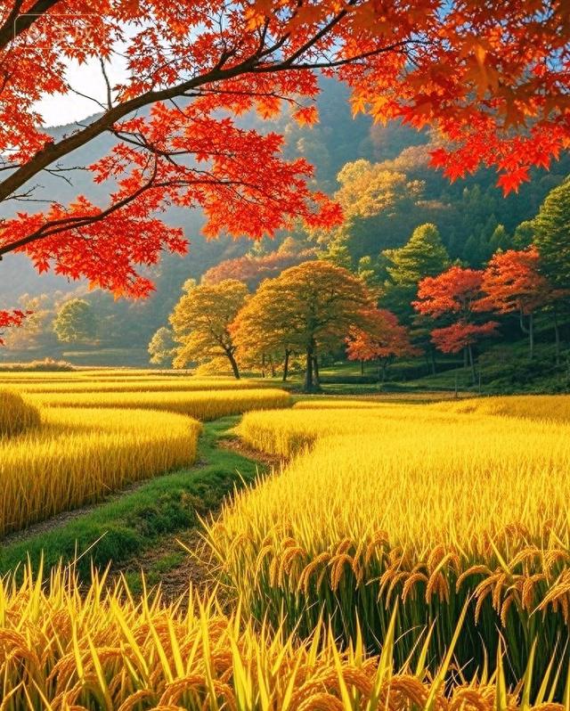 稻浪金黄拥沃野，远山如黛秋意浓