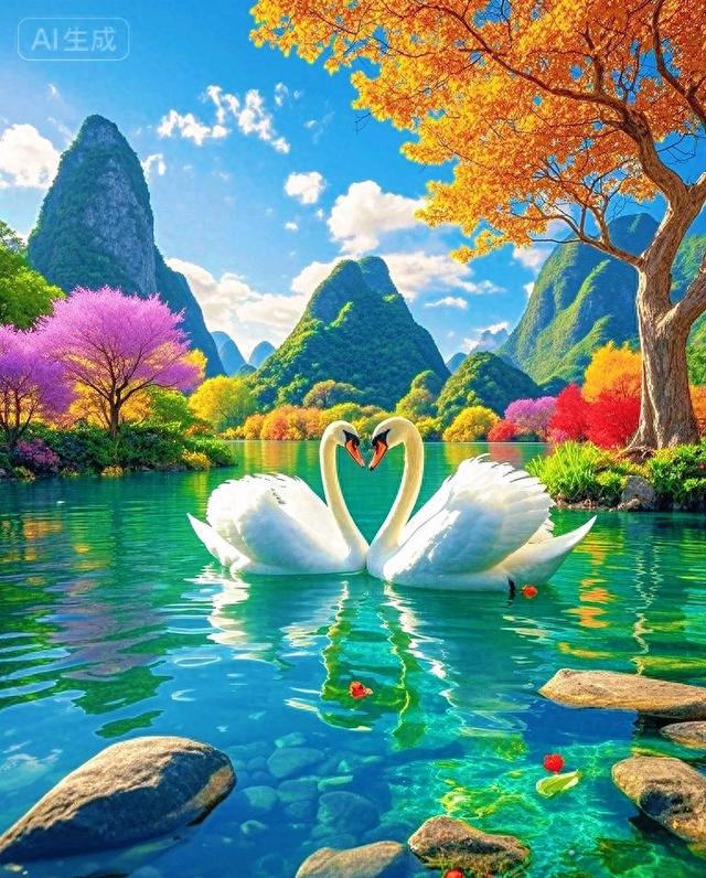 青山云雾缭绕，湖光山色映天鹅，此景如画醉人心