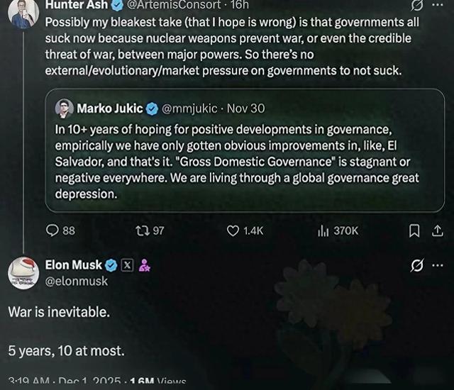 和平已无望？马斯克预言大战时间，美政府已签字：提到台湾省8次