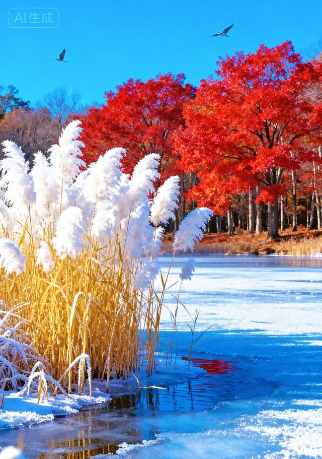 半冻冰湖映枫红，白芦摇霜，藏着秋冬交替的诗意