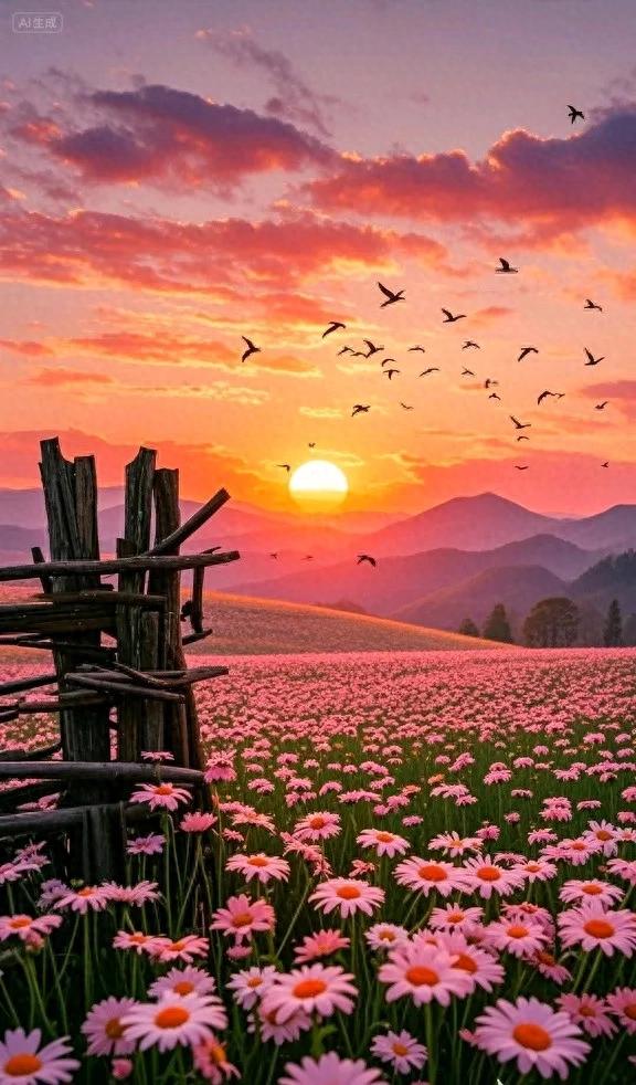 夕阳金辉洒落粉田，维菊摇曳，远山朦胧，唯美至极