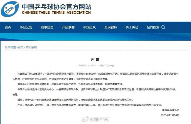 中国乒协回应孙颖莎王楚钦退赛：将持续完善运动员健康保障与伤病预防机制