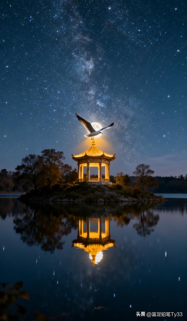 月光下的湖畔古塔，星河璀璨，宁静如画！