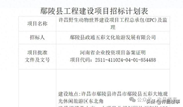 许昌野生动物世界项目工程招标计划公布,总规划用地面积约255亩