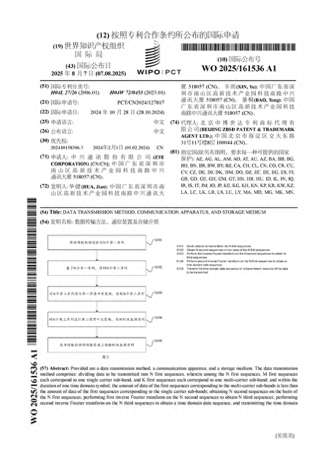 中兴通讯公布国际专利申请：“数据传输方法、通信装置及存储介质”
